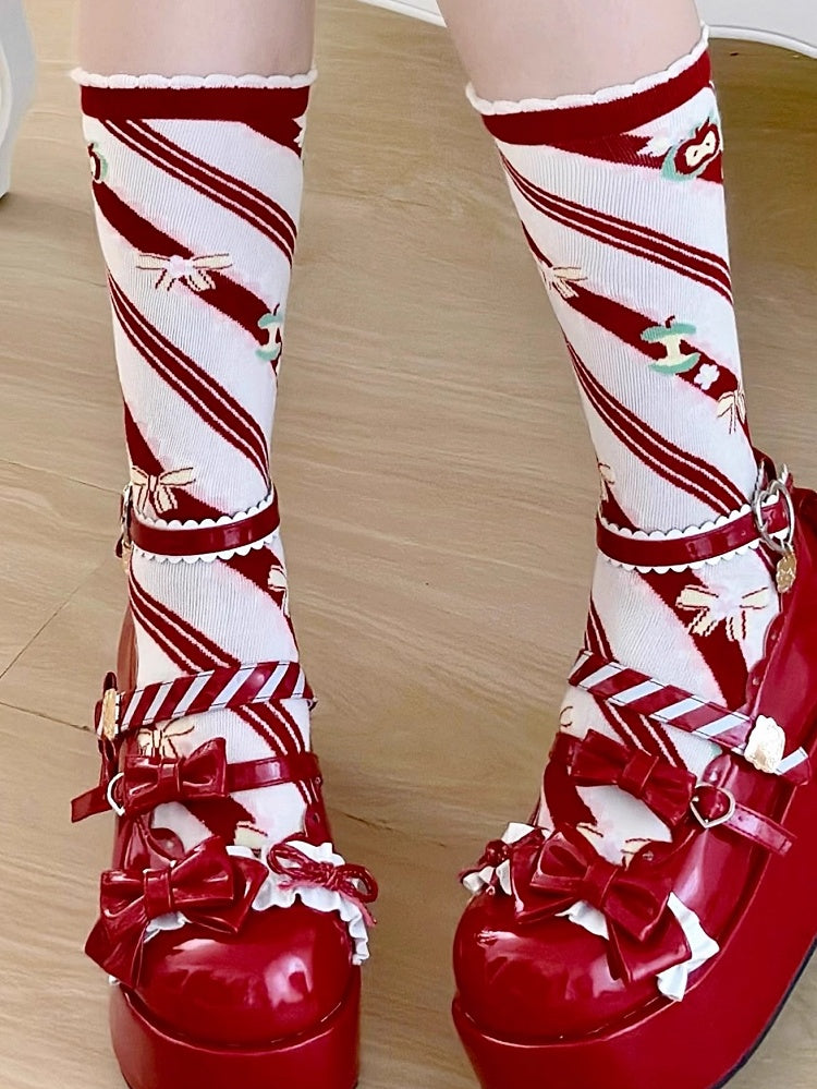Apple Striped Red Lolita Print Bowknot Socks Calf Pattern