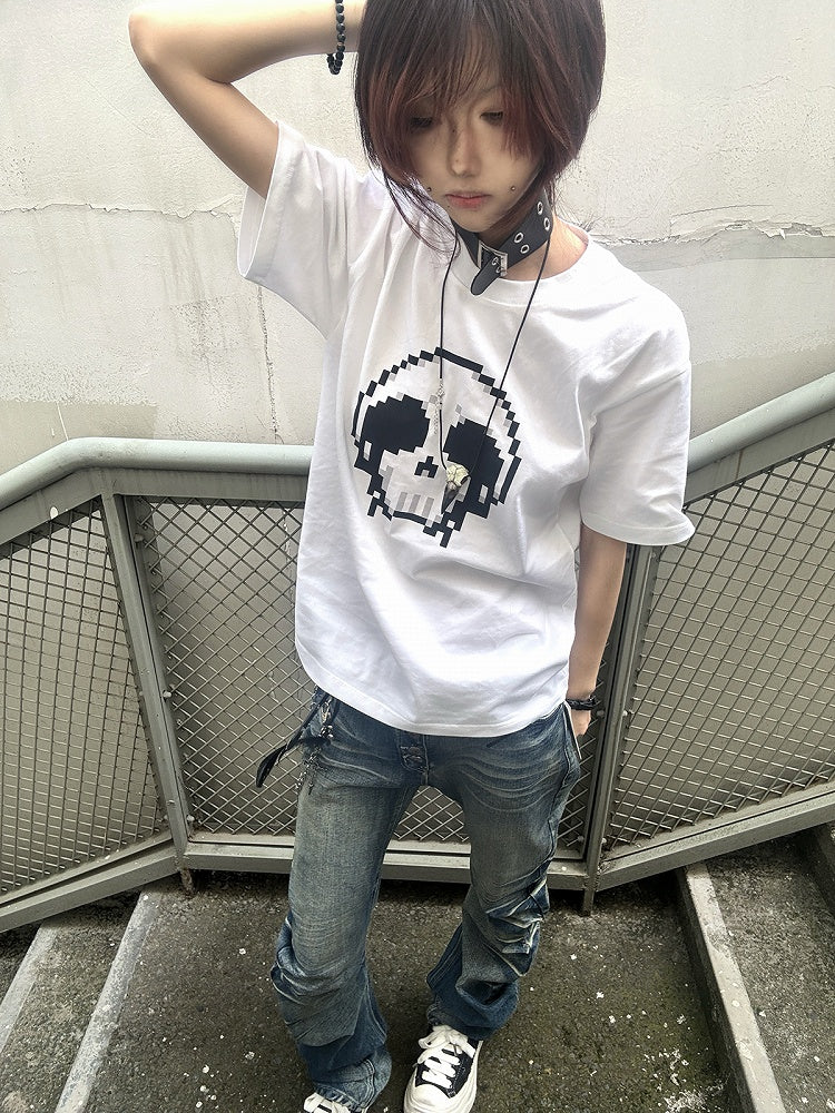 Pixel Round Neck T-Shirt Skeleton Print Cotton Black/White