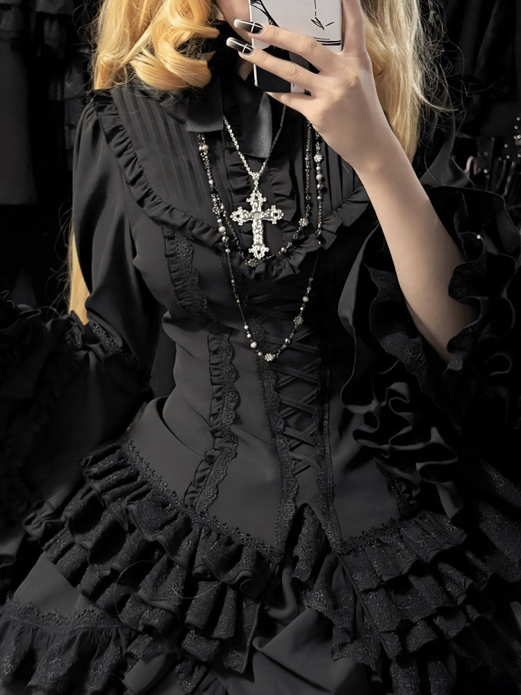 Schwarzes Lolita-Hemd mit Ärmeln, geschichtet, wunderschöne Glocke, ganz lang, Gothic Kuro