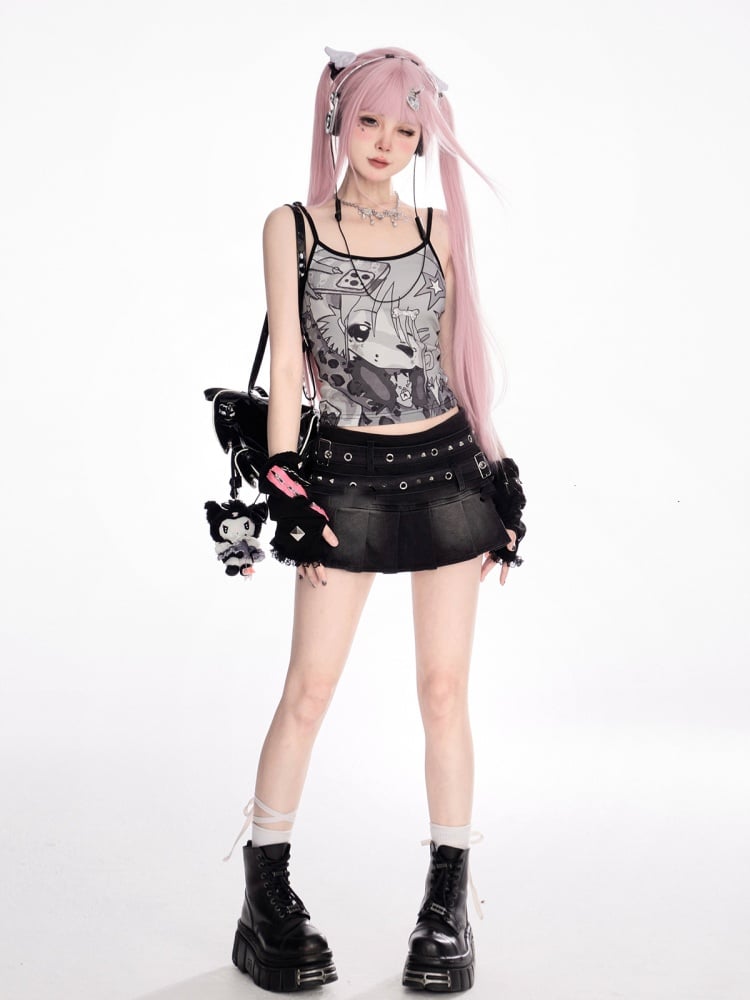 Straps Mini Pleated Denim Skirt Waist Studded Buckle Black Low