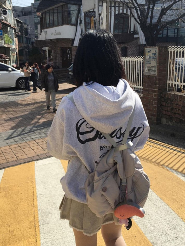 Chic Grey Drawstring Backpack With Flap Closure