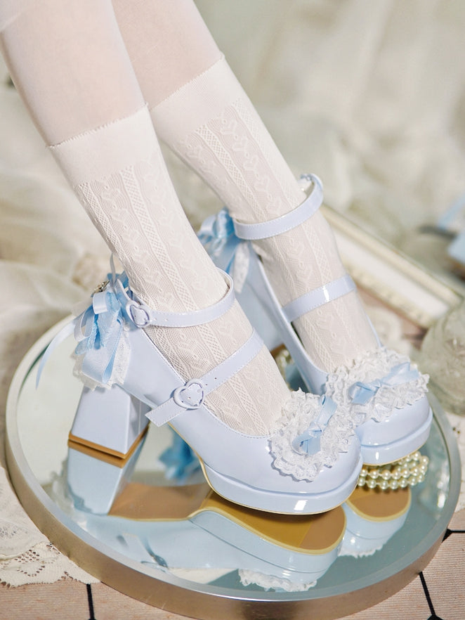 Blue Heels Top Knotted Buckles at Bow High Trim Lace Block Heart