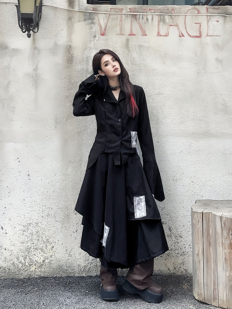 Appliques Black Punk Asymmetrical Layered Wide-Leg Pants