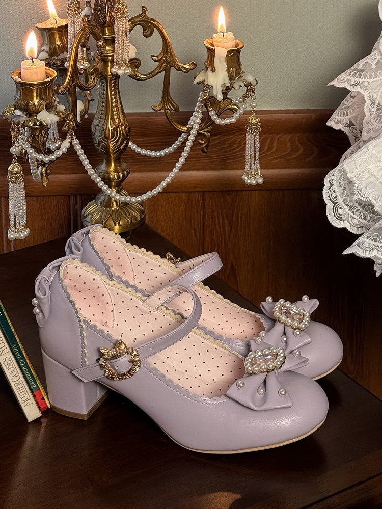 Janes Bowknot Lolita Details Perlen verziert Mary Strass Zehen rund und Schuhe lila