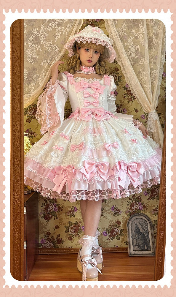 Dress High Sweet Pink with White Waist Sleeves Detachable Lolita Bow Princess Accents