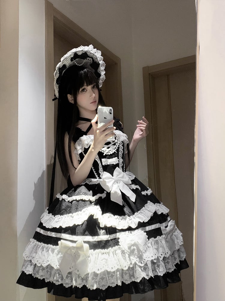 Schwarz-weißes Old School Lolita-Kleid mit Schleifen und herzförmiger Dekoration, Prinzessinnen-Lolita-Pulloverrock