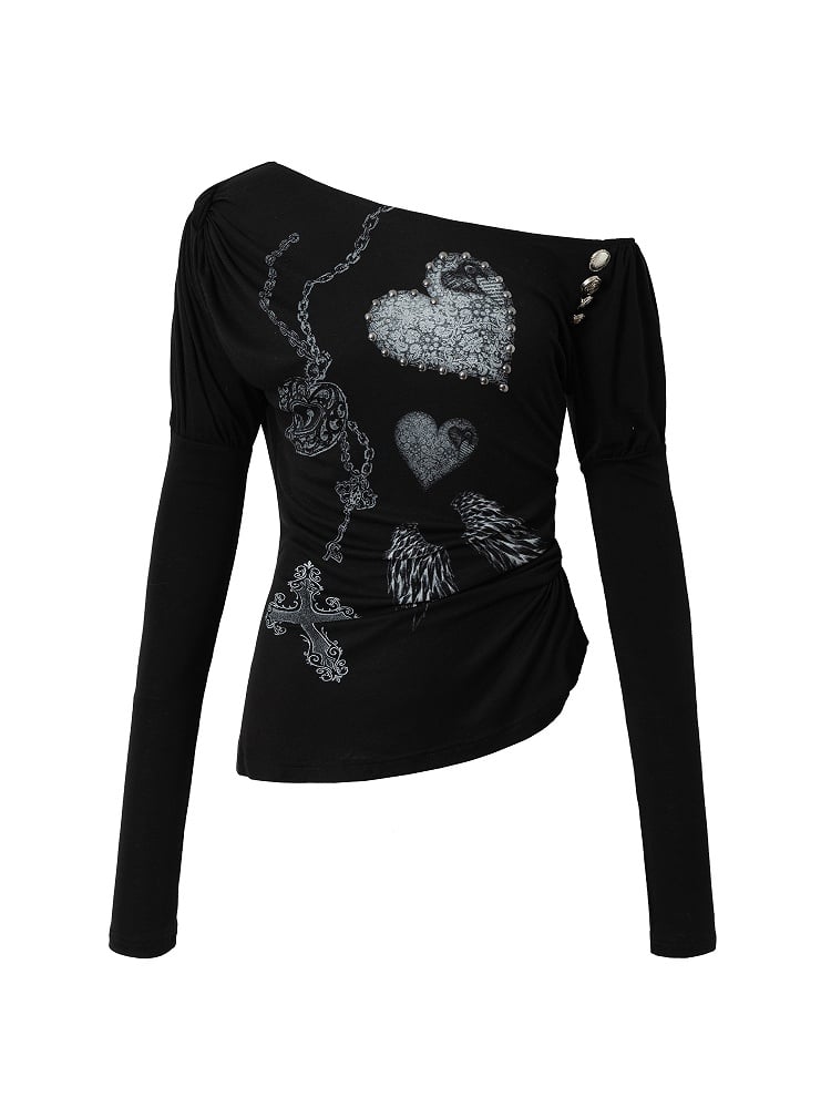 Grunge Aesthetic Neck Punk Black Side Stretch Button Details Asymmetrical Top with
