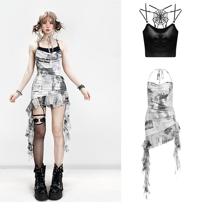 Dye Tie Design + Plaid Cami Pattern Dress Top Neck Asymmetrical Skirt Detail White Black Hem Halter Spiderweb