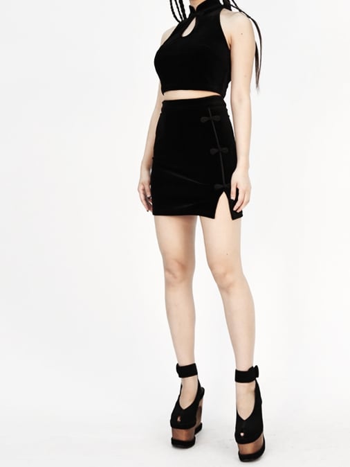 Skirt Cheongsam Side Velvet Buttons with Style Black Frog Slit Mini and