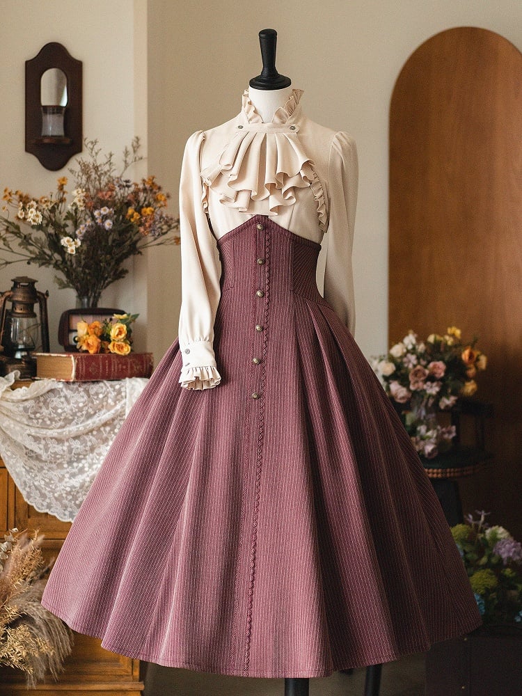 Aprikosenfarbenes, elegantes Langarmhemd mit Rüschenkragen und abnehmbarer Schleife/Jabot-Krawatte