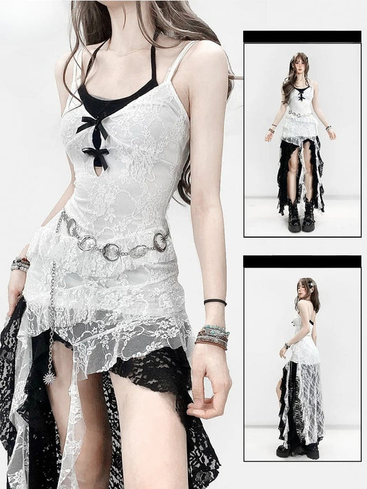 Top Neck Lace + Neckholder Weiß Cami Saum Asymmetrisch Bittersüß Rock Kleid Schwarz