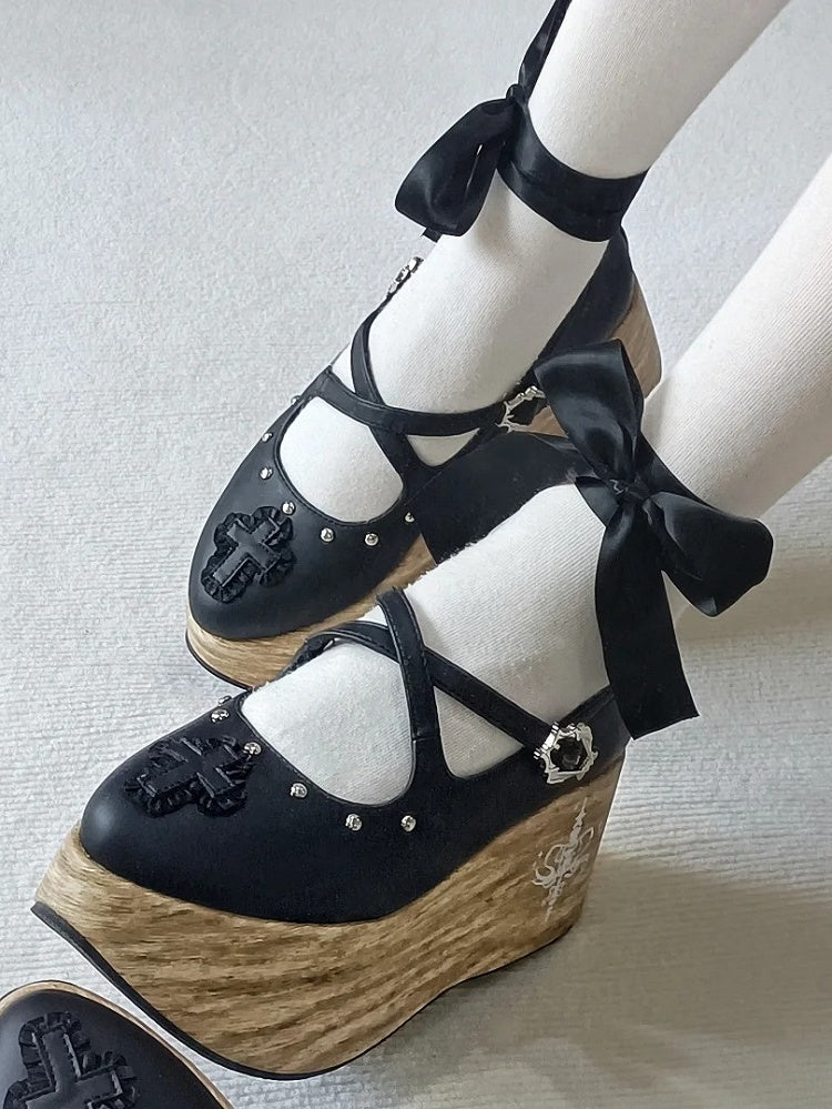 Cross Gothic Black Heel Applique 7cm and Platform Shoes with Lace-up Ankle