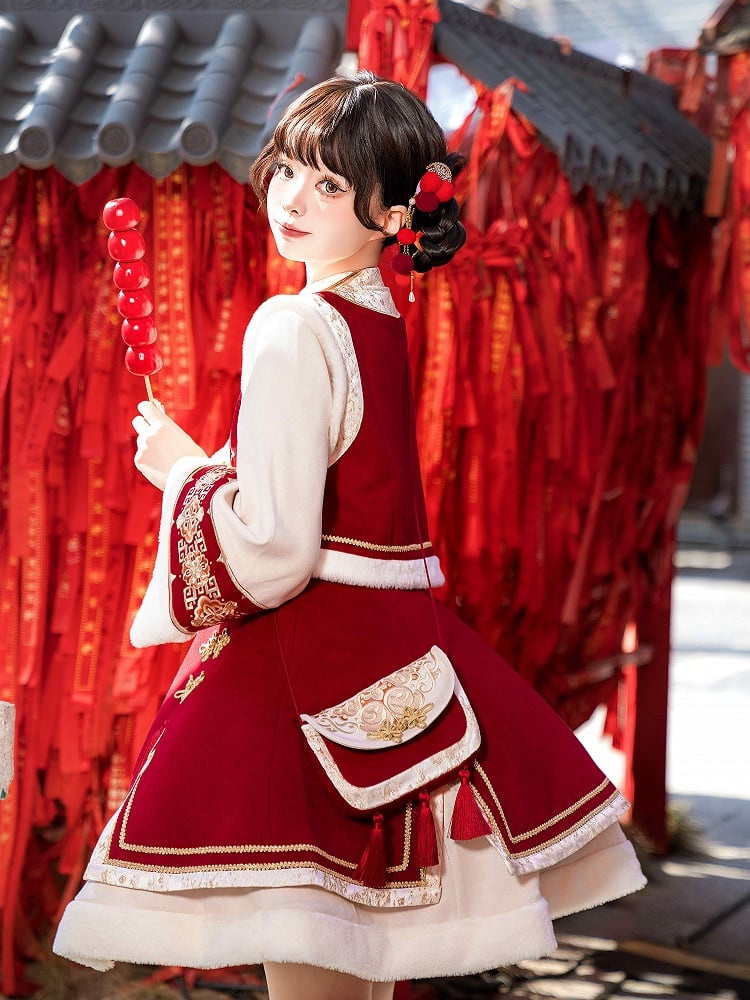 Red New Year Knot Buttons Banded Collar Lolita Dress Vest Tassels Crossbody Bag Full Set