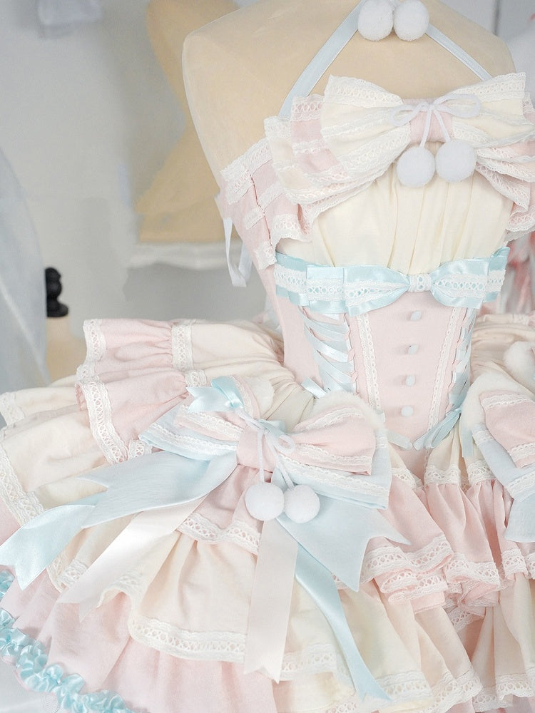 Mint Green Waist Pink Basque and Bowknots and Pompons Sweet Balletcore Puffy Lace-up Dress Decoration