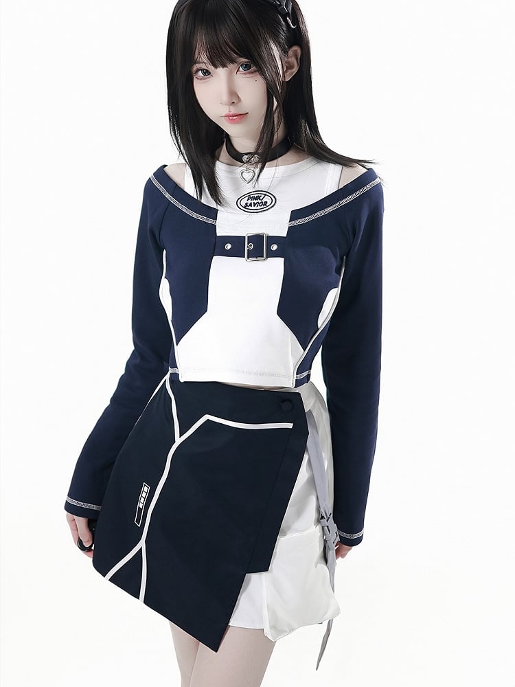 Blue and White Colorblock Shoulder Cutouts Techwear Long Sleeve Top with