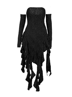 Asymmetrisches trägerloses Kleid mit schwarzen, frei fallenden Rüschen