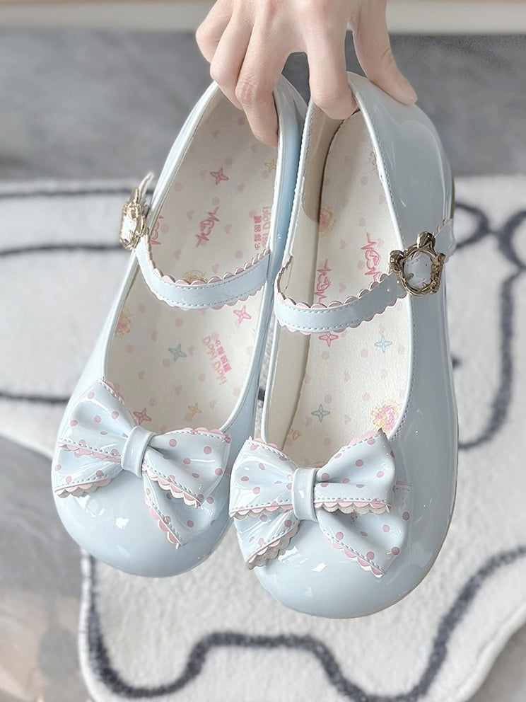 Round Lolita Bow Mary Blue in Jane Toe Polka Shoes 2.5cm Dot Bear PU Sweet with and Embellishment Buckle Charming