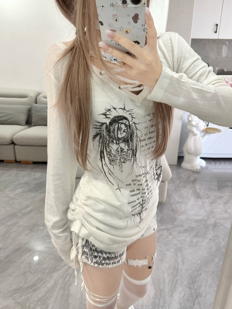 Cross White Print Side Drawstring Details Lace-Up Halter Top with Candlelight Shadow