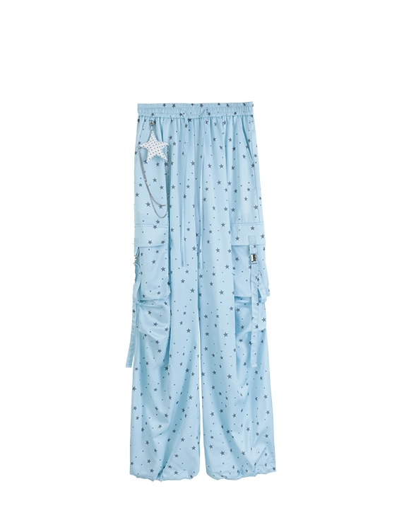 Blaue Cargohose mit weitem Bein und Allover-Taille und Kordelzug im Sternenmuster