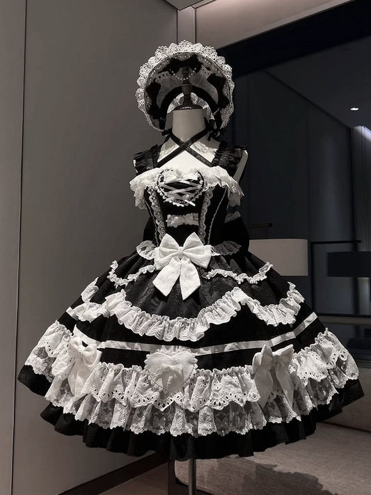 Schwarz-weißes Old School Lolita-Kleid mit Schleifen und herzförmiger Dekoration, Prinzessinnen-Lolita-Pulloverrock