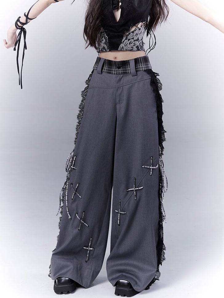 Dark Gray Lace Patches Lace-up with Casual Pants Details Side