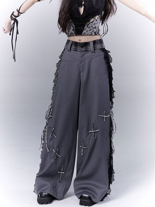 Dark Gray Lace Patches Lace-up with Casual Pants Details Side