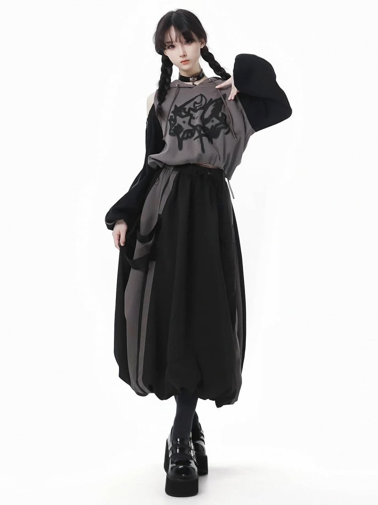 Print Colorblock Design Drawstring Gray Hem Hoodie and Cutout Shoulder Star Black