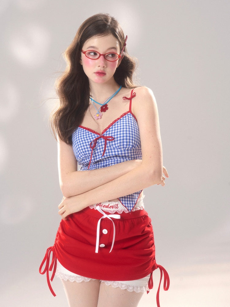 ダークブルーのチェック柄アシンメトリーヘムキャミソールトップス