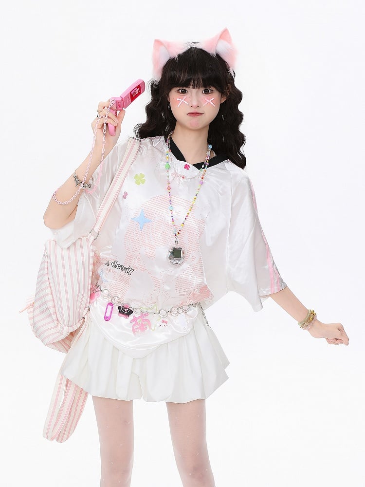 Blue/Pink Oversized Satin Short Sleeve T-Shirt with Clover