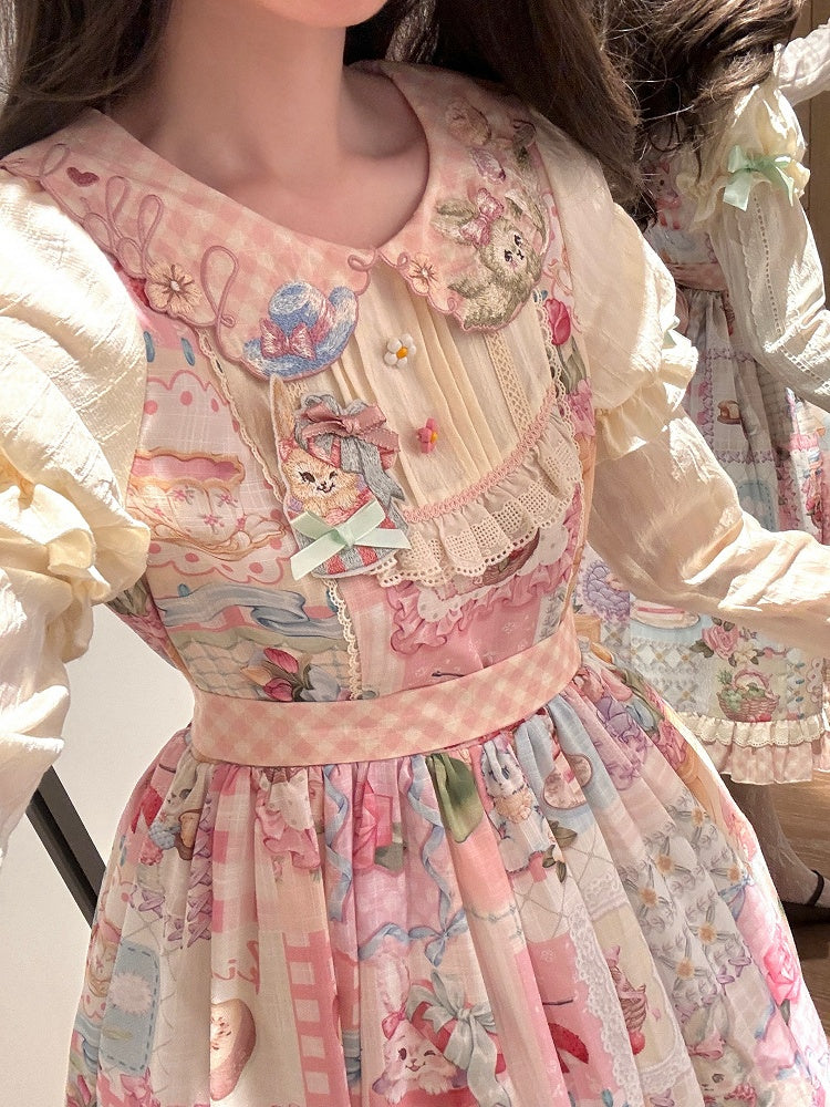 Bunny Embroidery Collar Cottagecore Patchwork Sweet Lolita Dress with Detachable Sleeves