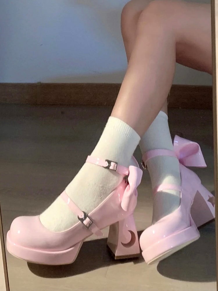 Back Heel Design Cutout in Pink Style - Janes Y2K Bow Moon Star Leather Mary Platform PU