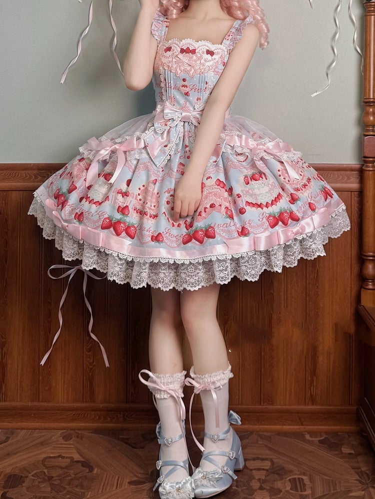 und Kleid Print Süßer Pullover Erdbeerblauer Rock Süßer Kuchen Lolita