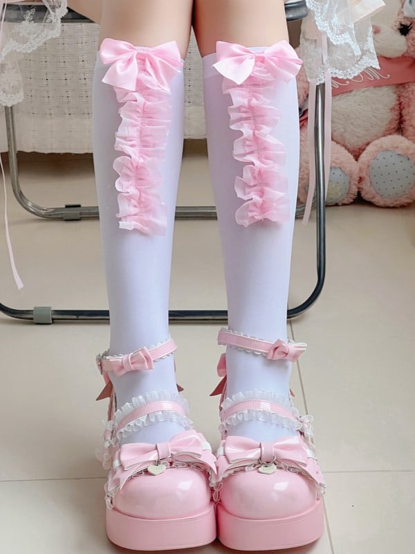 7 Trim Lace Options Details Socks White/Black Bowknot Calf