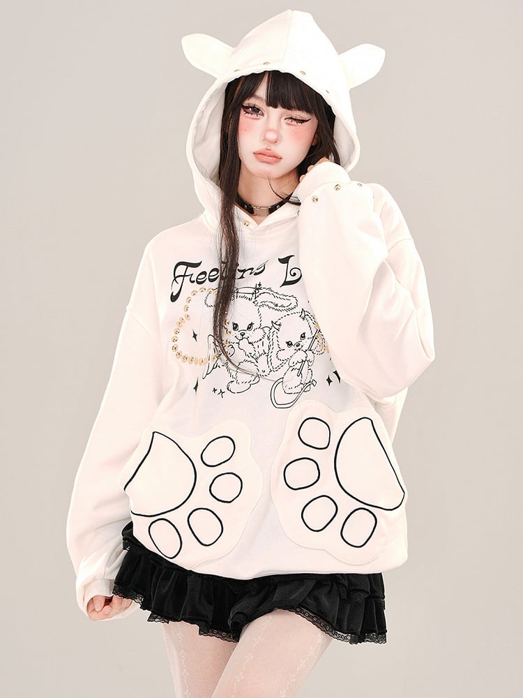 Weiß/grauer Hoodie mit Nieten und Devil Bunnies-Print
