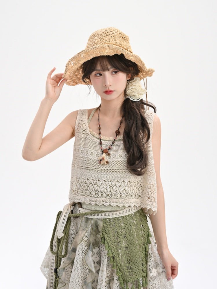 Floral Accent Beige Vest Hollow-Out Lace