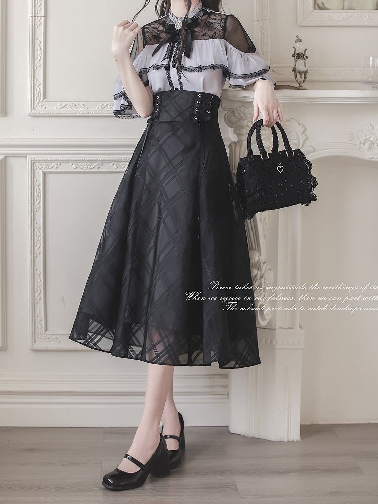 with Contrast Trim Jirai Kei Black Illusion Neckline and Purple Lace Cape Design Top