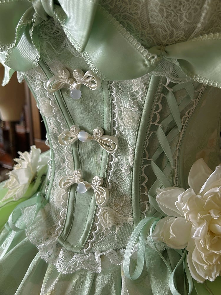Green Top Frog Buttons Print Corset Skirt + and Jasmine-Embellished Floral Waist Lolita