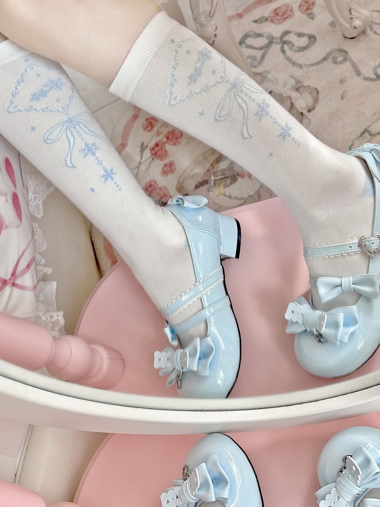 Blue Snowflakes Socks Lolita Bowknot Print White Calf Pattern