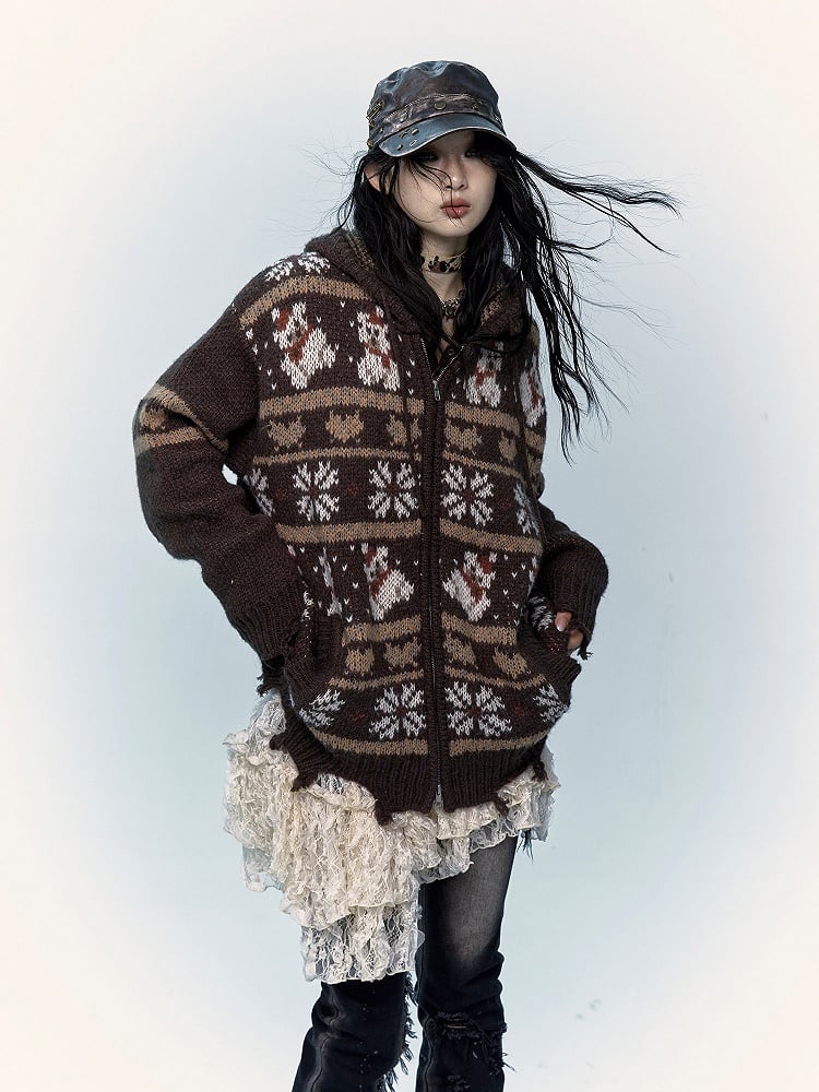 Schwarzbrauner Mohair-Kapuzenpullover