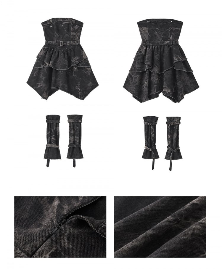 Black and Gray Basque Waist Punk Denim Strapless Dress