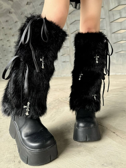 クロスチャーム ブラック ゴシック パンク 蝶結び フェイクファー レッグウォーマー