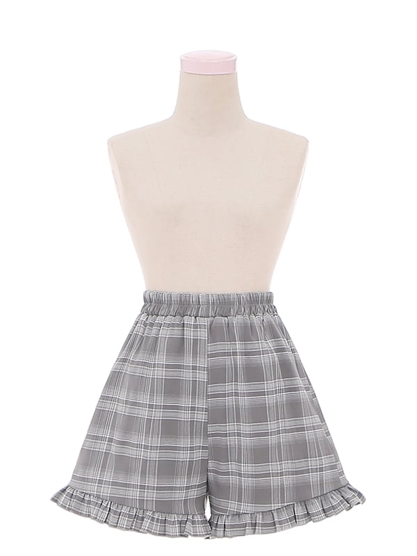 Jirai Kei Graues Set, Peter-Pan-Kragen, hoher Taille, Kellerfaltenrock, kariertes Kleid + Shorts mit Rüschenbesatz und Bündchen