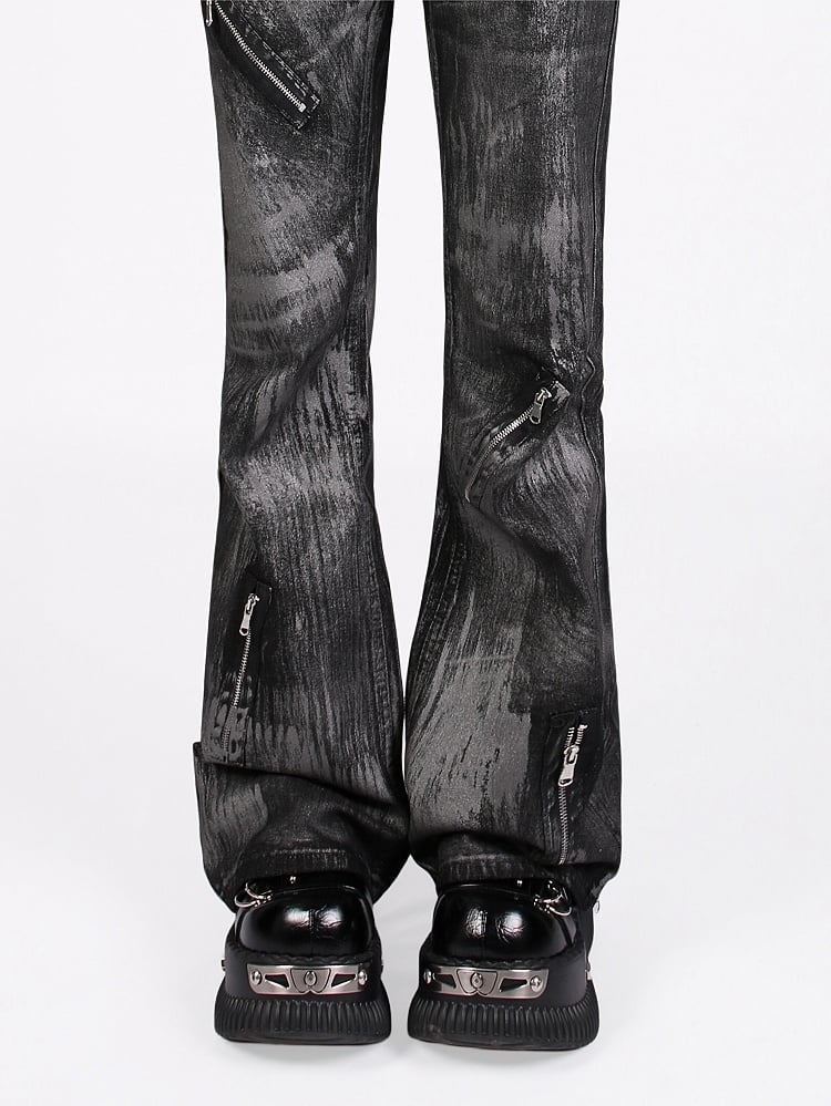 Vintage Punk Graffiti Black Low-Rise Jeans with Asymmetrical Zipper Design
