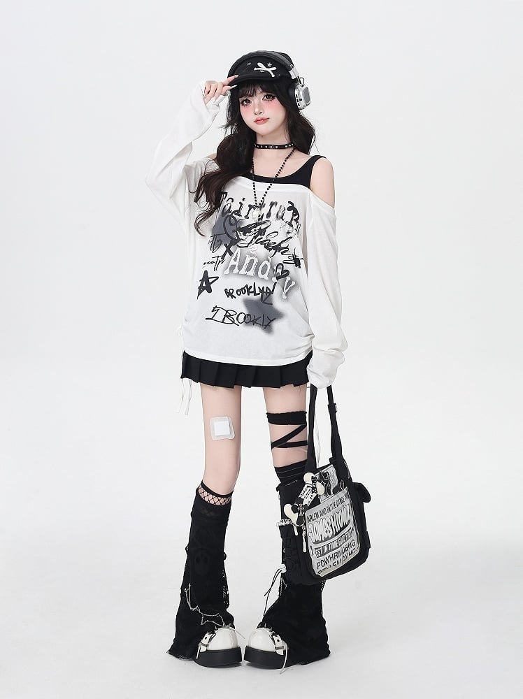 Star Y2K Print Open Shoulder Black/White Top Faux Two-pieces