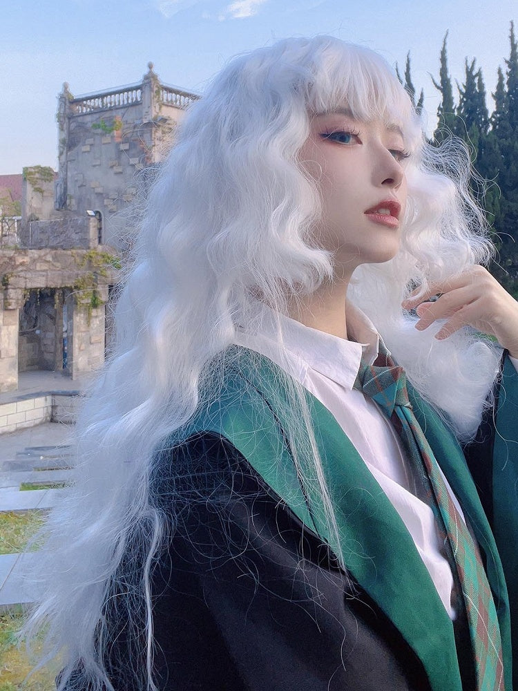 Wavy Length White Full Wig With 70CM Bangs