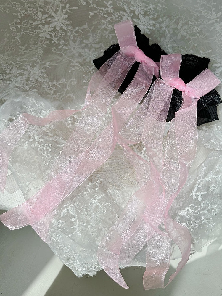 Ribbon Wrist Cuffs Pink Bows White/Black/Pink Lace Black