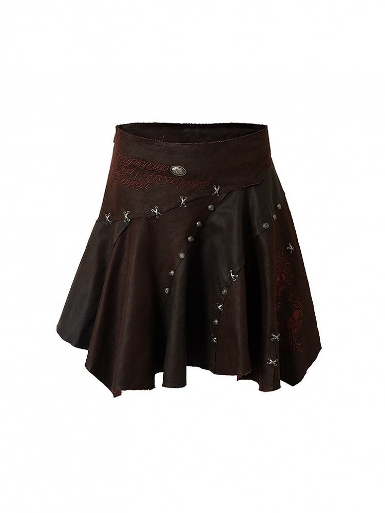 Asymmetrical Skirt Punk Reddish with Embroidery Wasteland Hem Brown Floral Suede