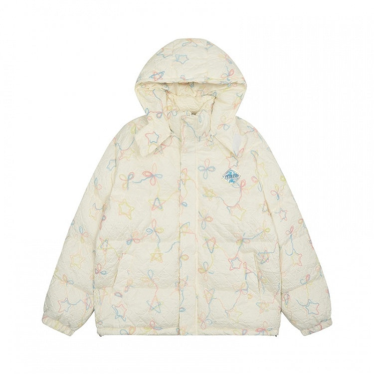 Milk White/Pink Stars and Bows Hooded Thick Jacket