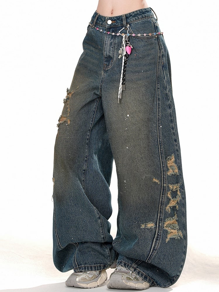 Holes Distressed Blue Wide-leg Jeans Cut Denim