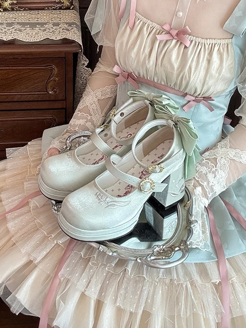 of Middle Embroidery the Satin Heels Bowknot Janes Green Lily Detachable Valley Mary